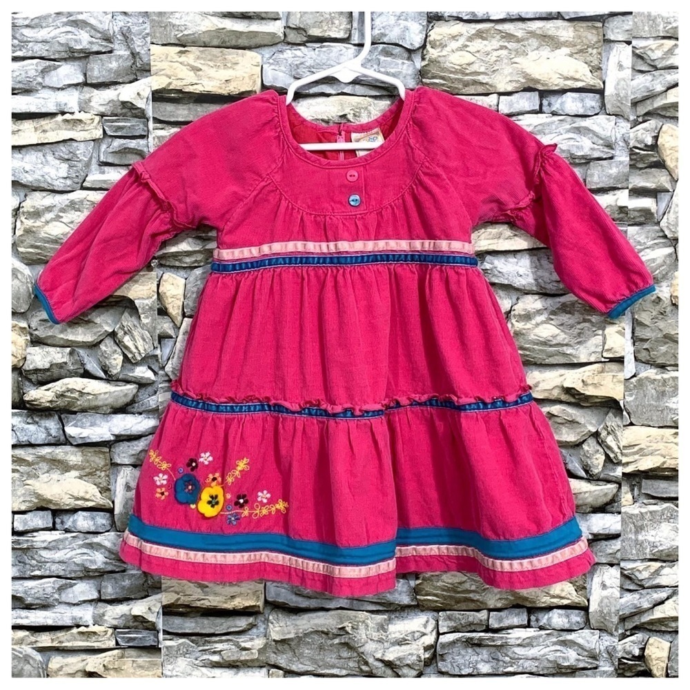Girl’s Vintage JSP Fuchsia Pink Corduroy Dress Embroidered Felt Flowers 18mos